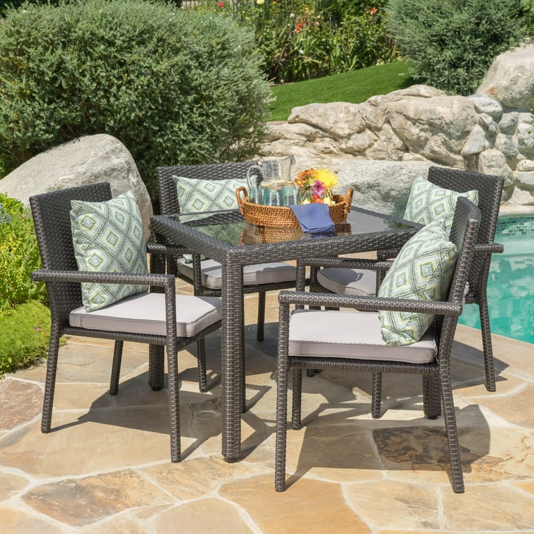 Porto Outdoor 5 Piece Square Wicker Dining Set with Cushions Grey Silver