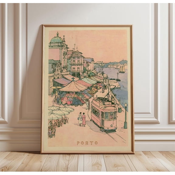 Porto Pastel Travel Market Print Riverside Wall Art, Unframed Paper Print