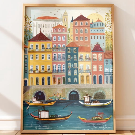 Porto Riverside Cityscape, Whimsical Travel Decor Wall Art Print