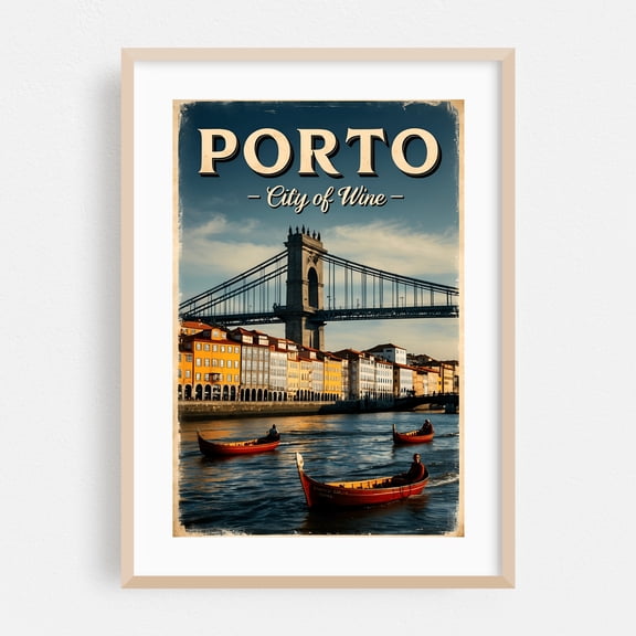 Porto Vintage Travel Poster – The Charm of Portugal - Porto Porto District Portugal Illustration Travel Poster Vintage Poster Cityscape Bridge Boat Harbor Oak Framed Wall Art Print 12 x 18 inches