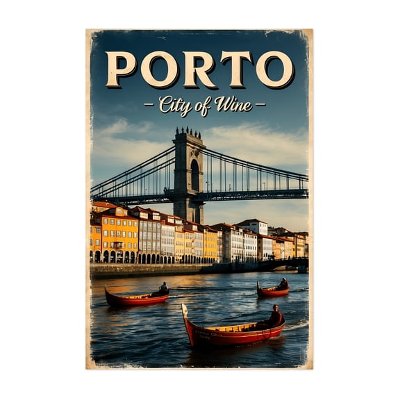 Porto Vintage Travel Poster – The Charm of Portugal - Porto Porto District Portugal Illustration Travel Poster Vintage Poster Cityscape Bridge Boat Harbor Unframed Wall Art Print 5 x 7 inches