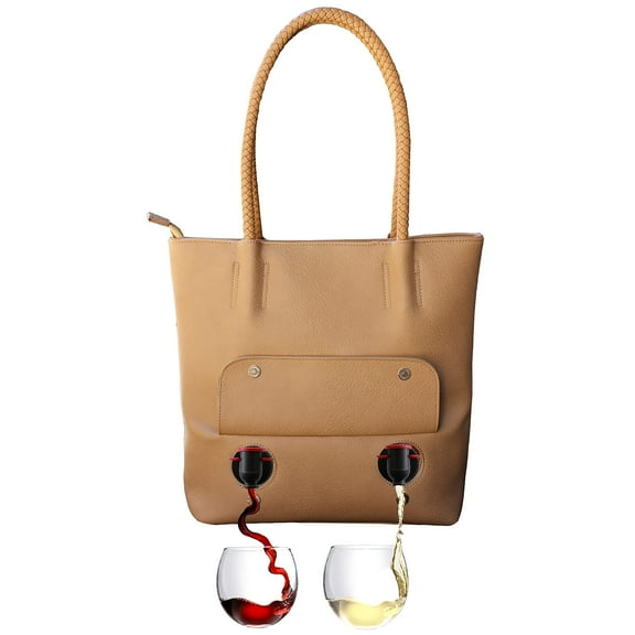 PortoVino Double Pour Vegan Leather Tote Bag with Hidden Insulated Flask Compartment and Dispenser with Spout that Hold 2 separate Bottles Of Wine! Perfect for Traveling, Bachelorette Party!
