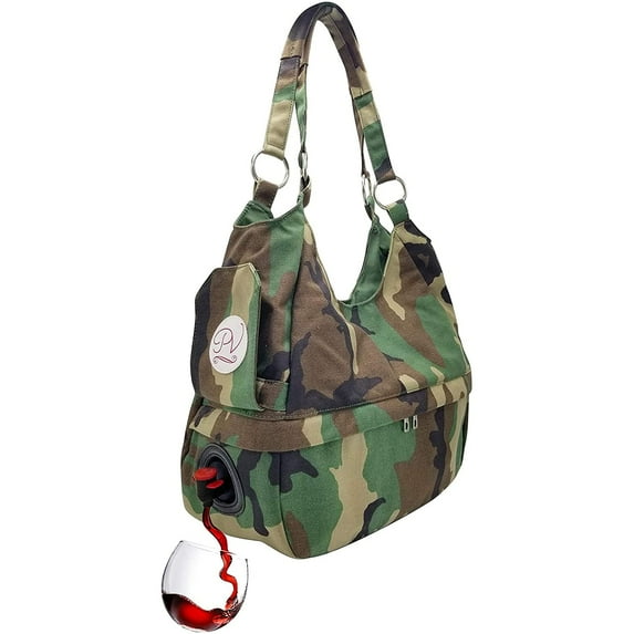 PortoVino Swankey Camo Beverage Wine Tote with Hidden, Insulated Flask Compartment Wine Dispenser, Holds and Pours 4 bottle of Wine from Cooler! Perfect for Traveling, Concerts, Bachelorette Party!