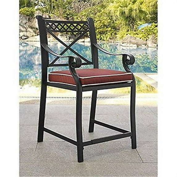 Portofino Cast Aluminum Bar Height Stools with Sangria Cushions, Charcoal Black - Set of 2