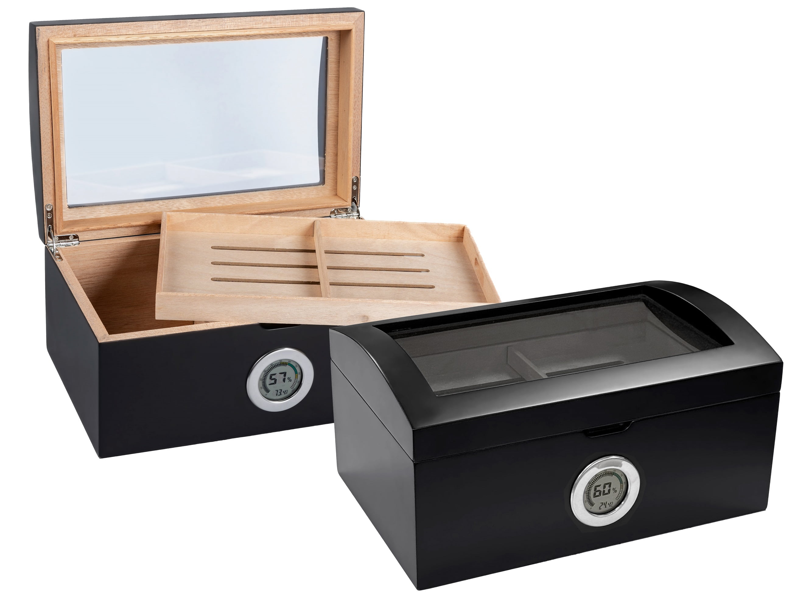 Portofino Dome Style Tinted Glass Cigar Humidor - Smooth Matte Black Finish - Capacity: 120