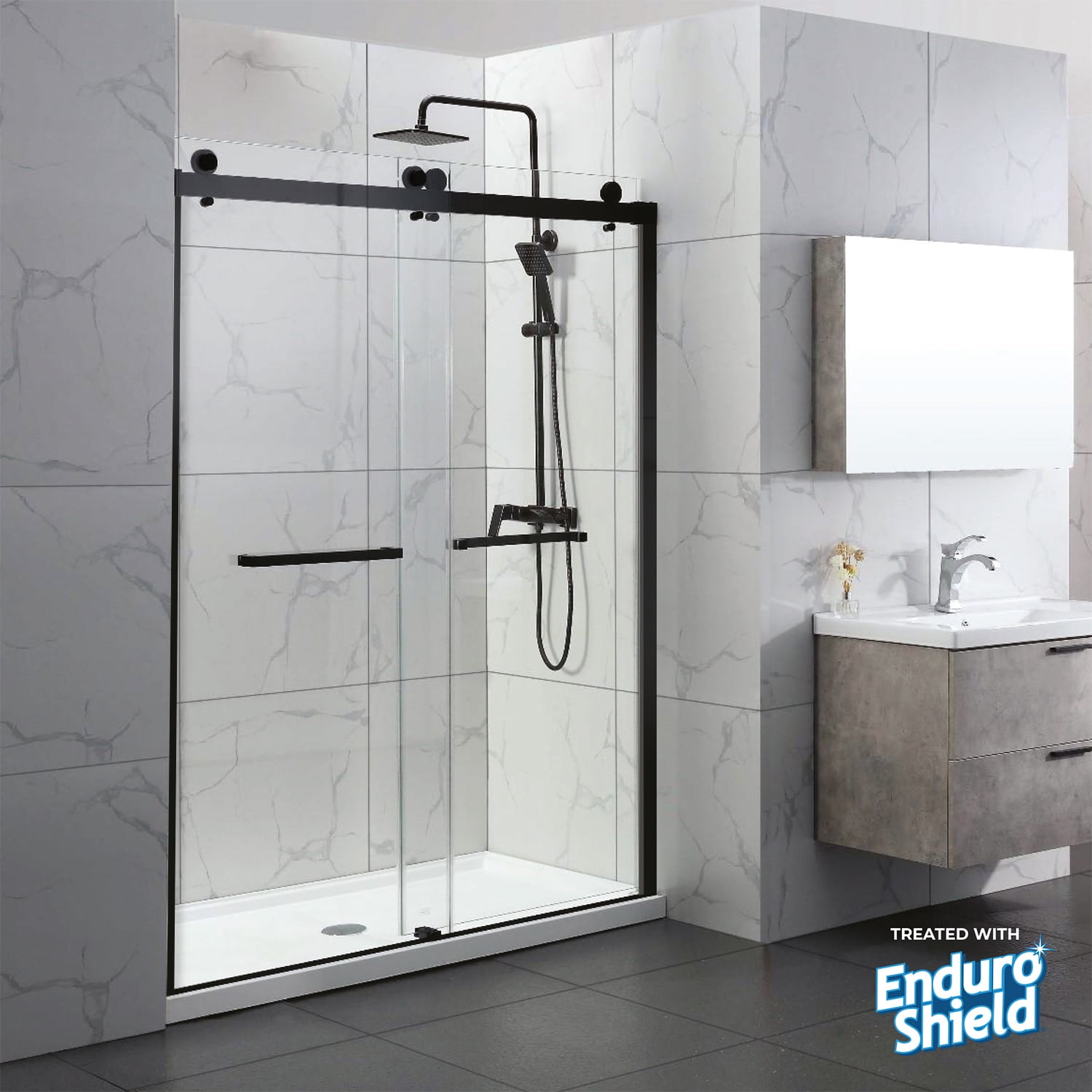 Matte Black Frameless Double Sliding Shower Door with Clear Tempered Glass