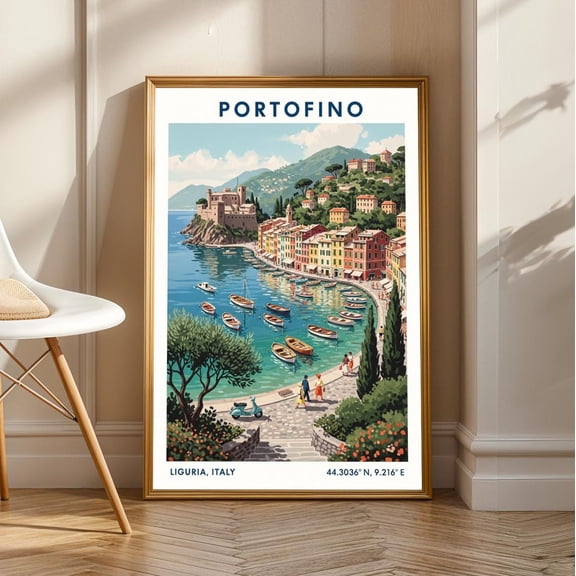 Portofino Italy Art Print: Vintage Italian Riviera Coastal Landscape, Unframed Poster Size 12x18