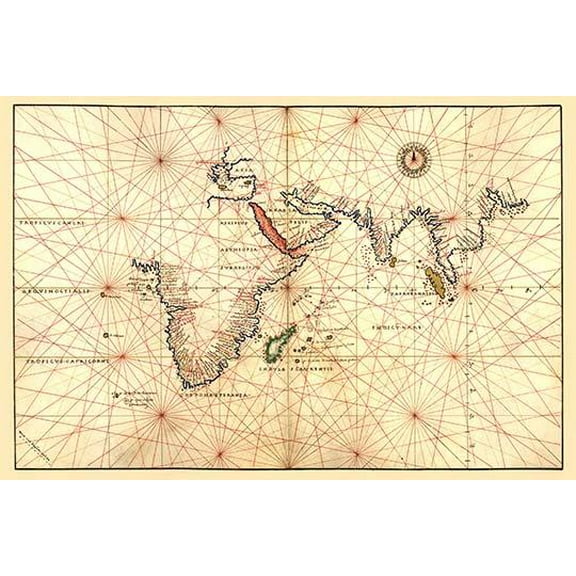 Portolan Map of Africa, the Indian Ocean and the Indian Subcontinent- Fine Art Canvas Print (20" x 30")