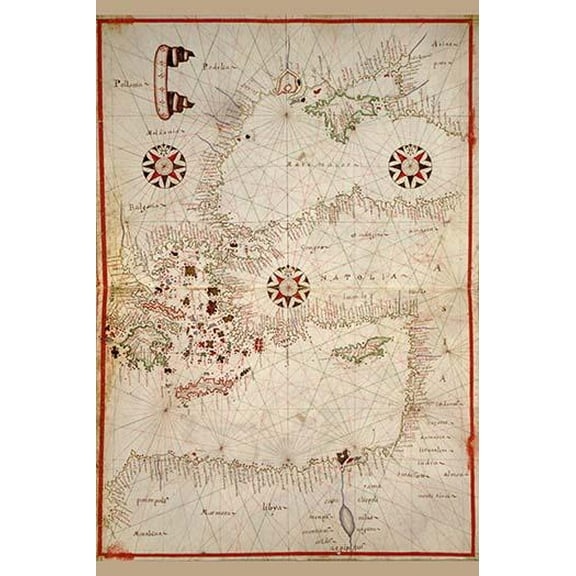 Portolan Map of Turkey, Mediterranean, Adriatic and the Agean- Fine Art Canvas Print (20" x 30")