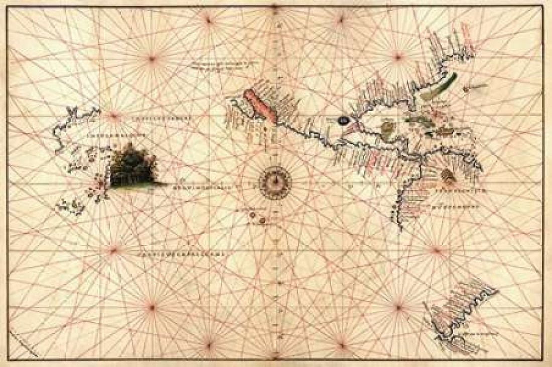 Portolan Map of the Western Hemisphere showing what will become the United States Panama and a port Canvas Art - Battista Agnese (12 x 18)