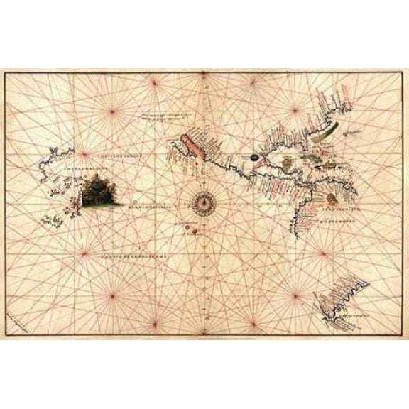 Portolan Map of the Western Hemisphere showing what will become the United States Panama and a port Poster Print by Battista Agnese (12 x 18)