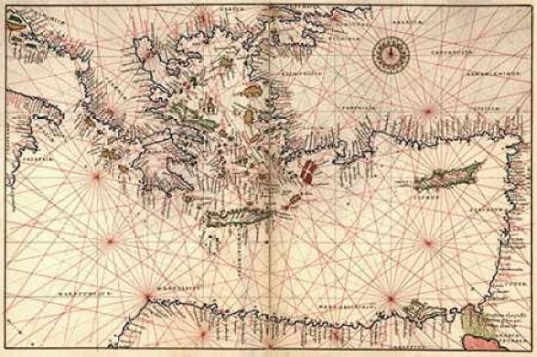 Portolan or Navigational Map of Greece the Mediterranean and the Levant Canvas Art - Battista Agnese (12 x 18)