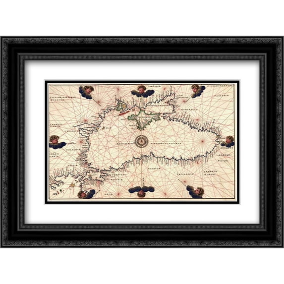 Portolan or Navigational Map of the Black Sea showing anthropomorphic winds 2x Matted 24x18 Black Ornate Framed Art Print by Agnese, Battista