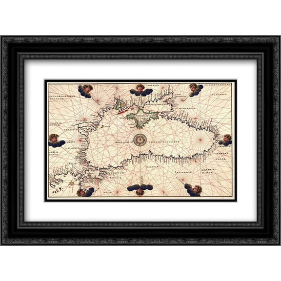 Portolan or Navigational Map of the Black Sea showing anthropomorphic winds 2x Matted 24x18 Black Ornate Framed Art Print by Agnese, Battista