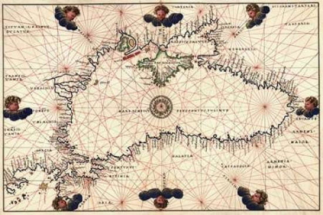 Portolan or Navigational Map of the Black Sea showing anthropomorphic winds Canvas Art - Battista Agnese (12 x 18)
