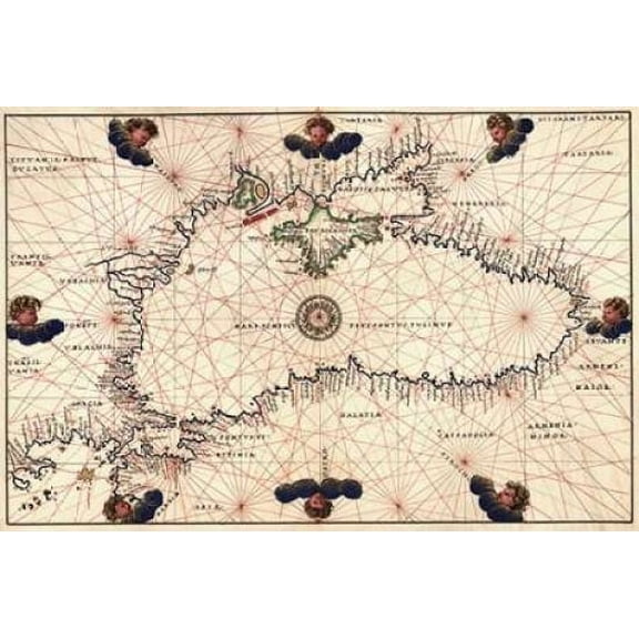Portolan or Navigational Map of the Black Sea showing anthropomorphic winds Canvas Art - Battista Agnese (12 x 18)