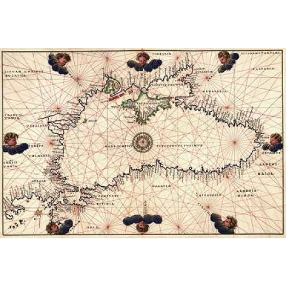 Portolan or Navigational Map of the Black Sea showing anthropomorphic winds Poster Print by Battista Agnese (24 x 36)