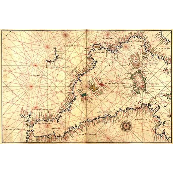 Portolan or Navigational Map of the Western Mediterranean from Gibraltar to Piedmont & Sardinia- Fine Art Canvas Print (20" x 30")