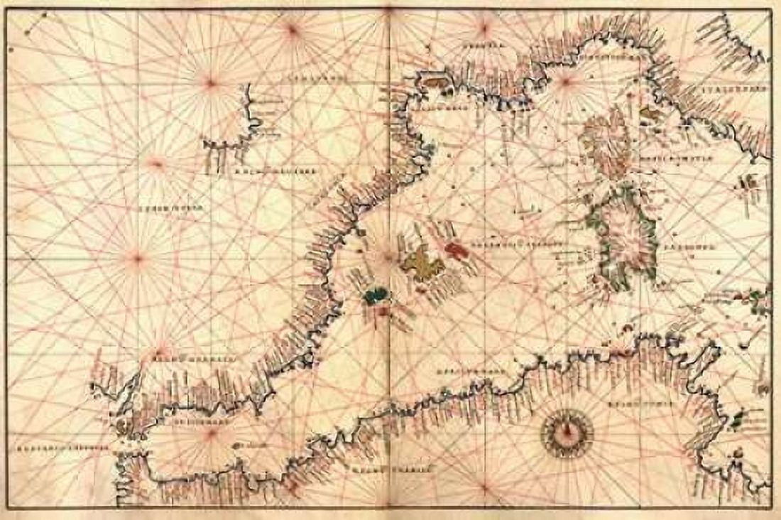 Portolan or Navigational Map of the Western Mediterranean from Gibraltar to Piedmont and Sardinia Canvas Art - Battista Agnese (12 x 18)