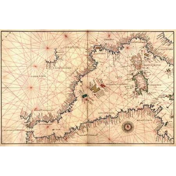 Portolan or Navigational Map of the Western Mediterranean from Gibraltar to Piedmont and Sardinia Poster Print by Battista Agnese (12 x 18)