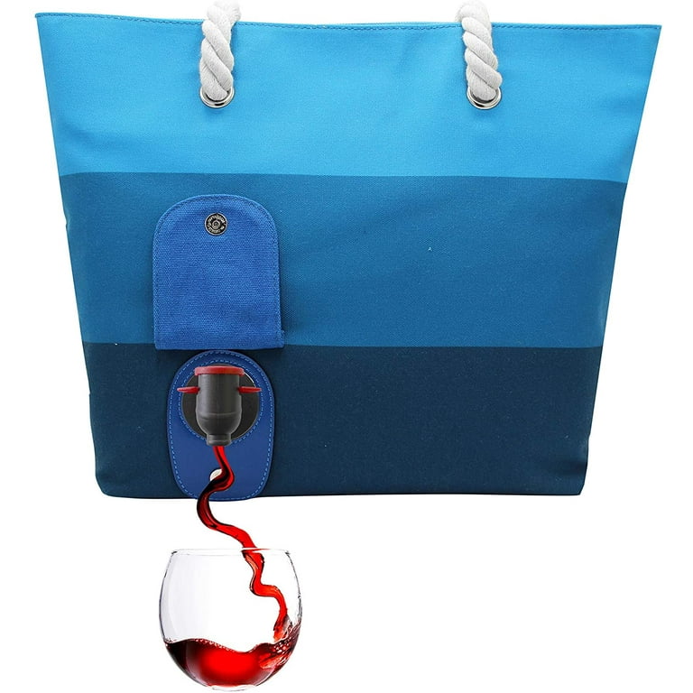 PortoVino Blue Beach Wine Tote Bag, Insulated Hidden Beverage
