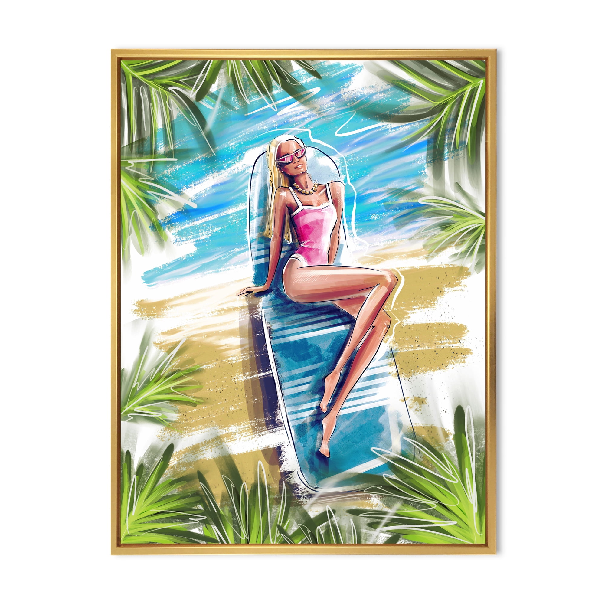 Portrait Beautiful Blond Model At The Beach Sunbathing 30 in x 40 in Framed Painting Canvas Art Print, by Designart