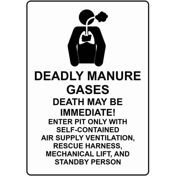 Portrait Deadly Manure Gases Death Metal Tin Sign, Gas Safety Warning Plaque with Symbol for Agricultural Spaces, Farm Hazard Sign, 8x12 Inch
