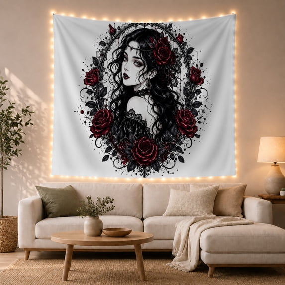 Portrait Figure Long With Voluminous Wavy Hair Ornate, Spooky Gothic for Gothic Decor Fans, Dark Art Decor, Halloween Gift, Tapestry Wall Hanging for Bedroom and Dorm