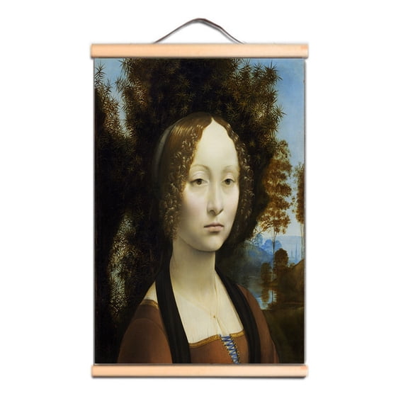 Portrait of Genevieve de Benci Famous Vintage Oil Painting - Leonardo da Vinci Antique Hanging Canvas Print Art Scroll Painting Wall Banner For Living Room Office Christ Church Gallery Wall Decor
