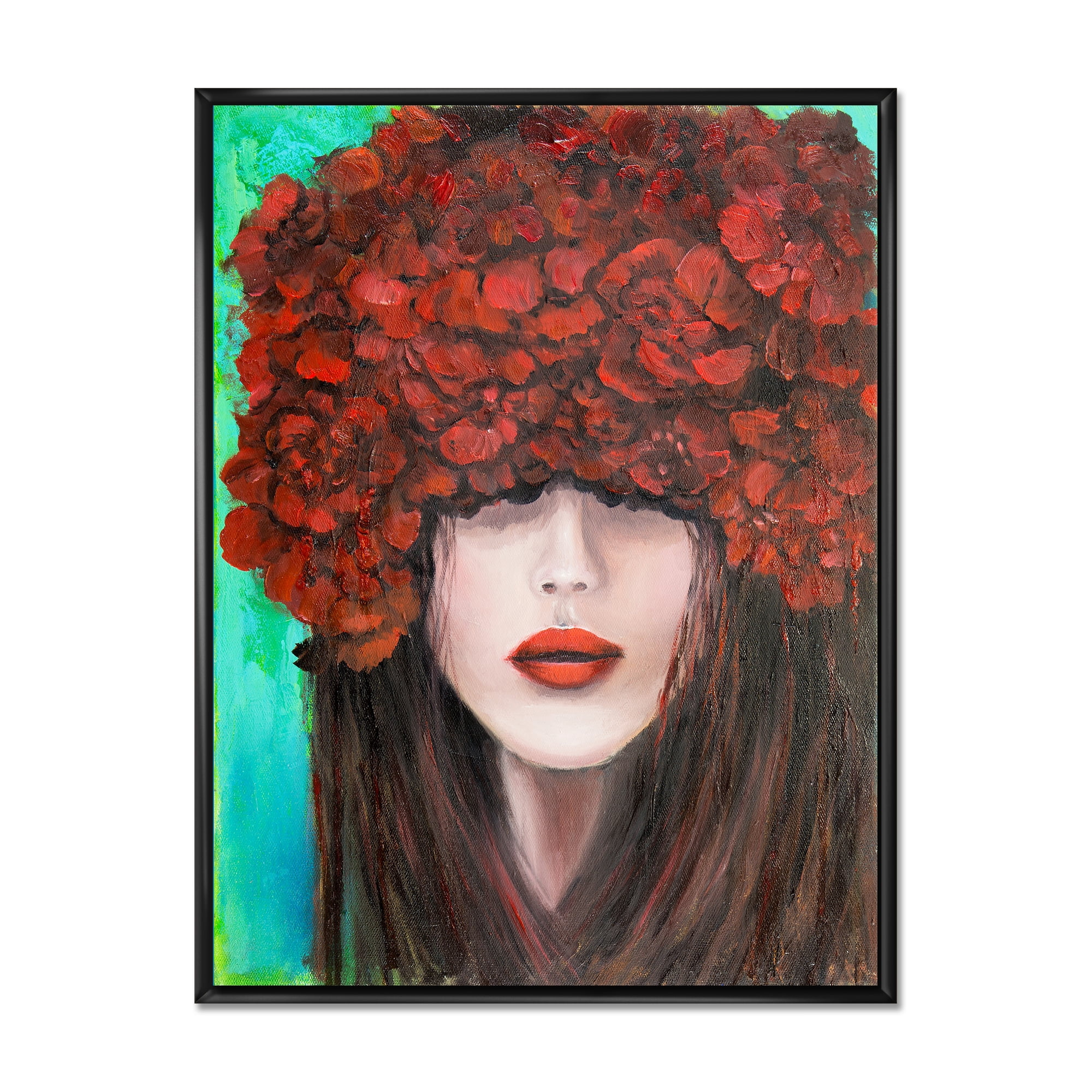 Portrait Of A Young Lady With Red Flowers 16 in x 32 in Framed Painting Canvas Art Print, by Designart