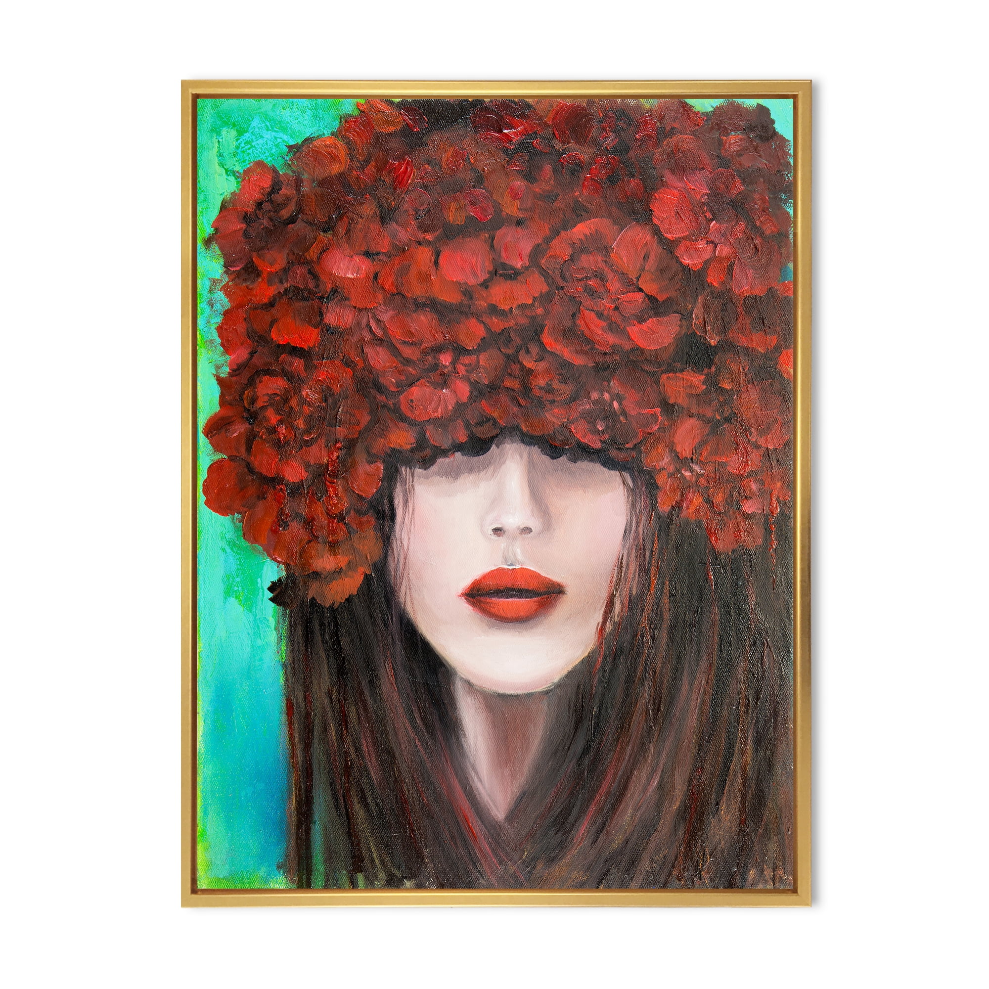 Portrait Of A Young Lady With Red Flowers 24 in x 32 in Framed Painting Canvas Art Print, by Designart