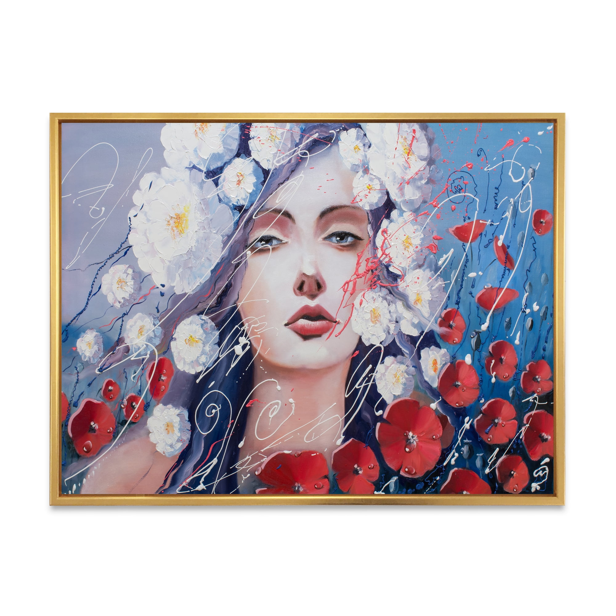 Portrait Of A Young Lady With Red & White Flowers 32 in x 24 in Framed Painting Canvas Art Print, by Designart
