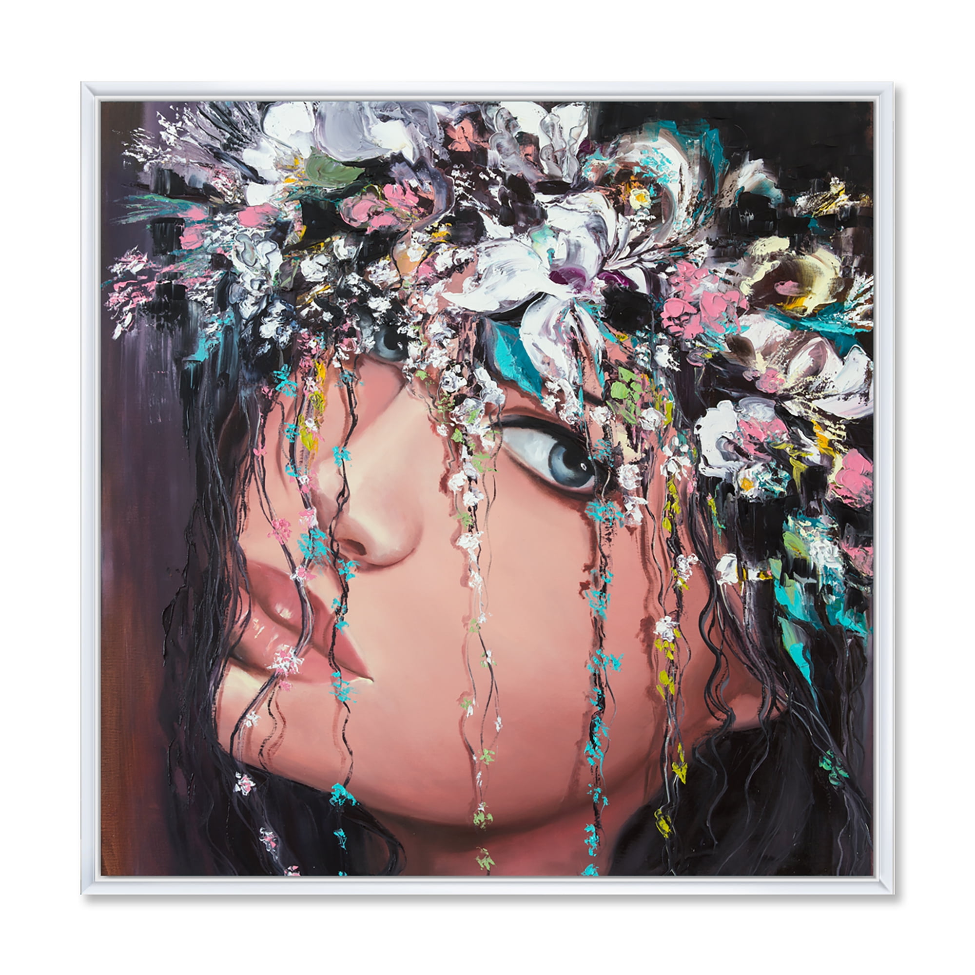 Portrait Of A Young Woman With Flowers II 30 in x 30 in Framed Painting Canvas Art Print, by Designart