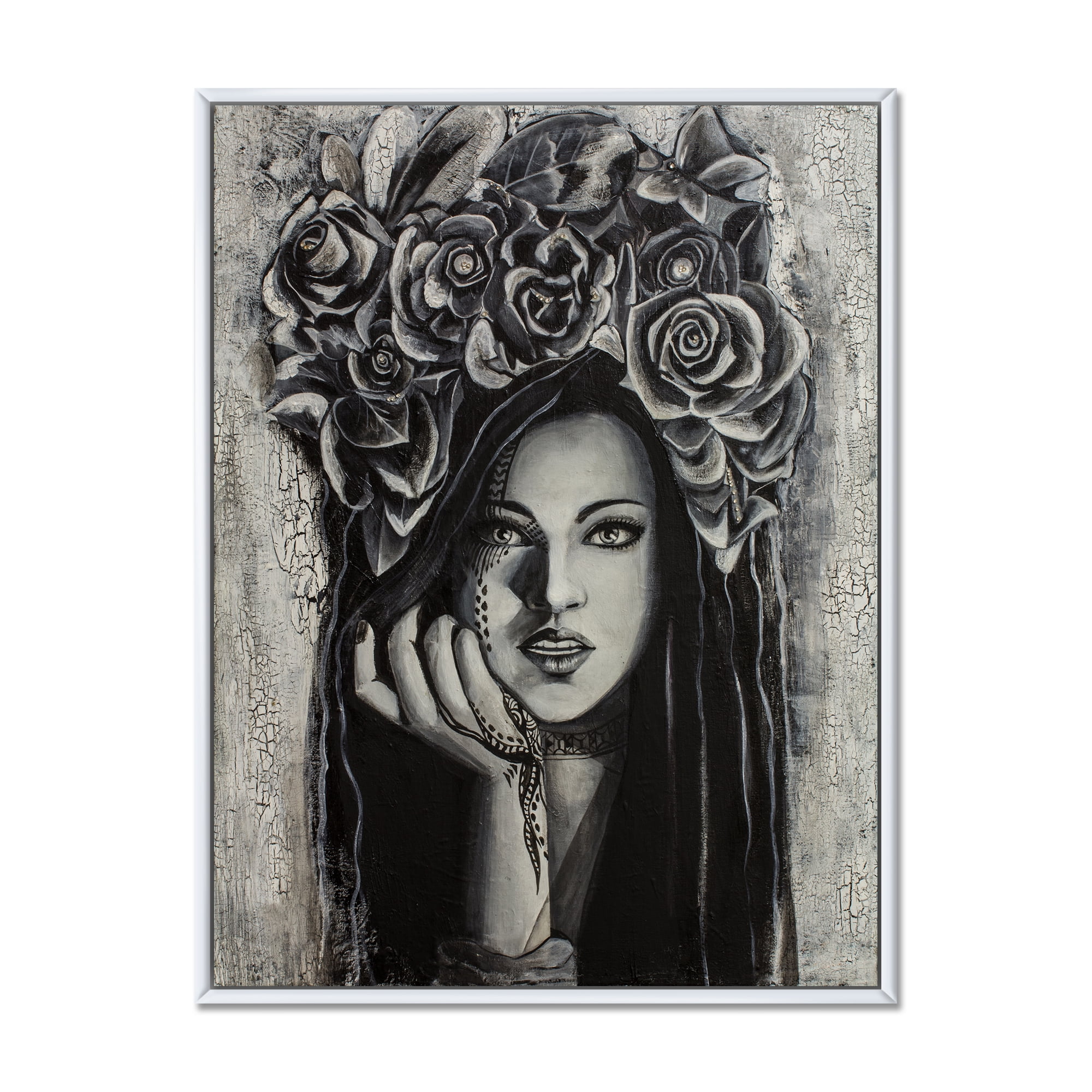 Portrait Of A Young Woman With Flowers III 12" x 20" Framed Painting Canvas Art Print, by Designart
