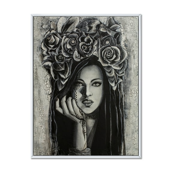 Portrait Of A Young Woman With Flowers III 12" x 20" Framed Painting Canvas Art Print, by Designart
