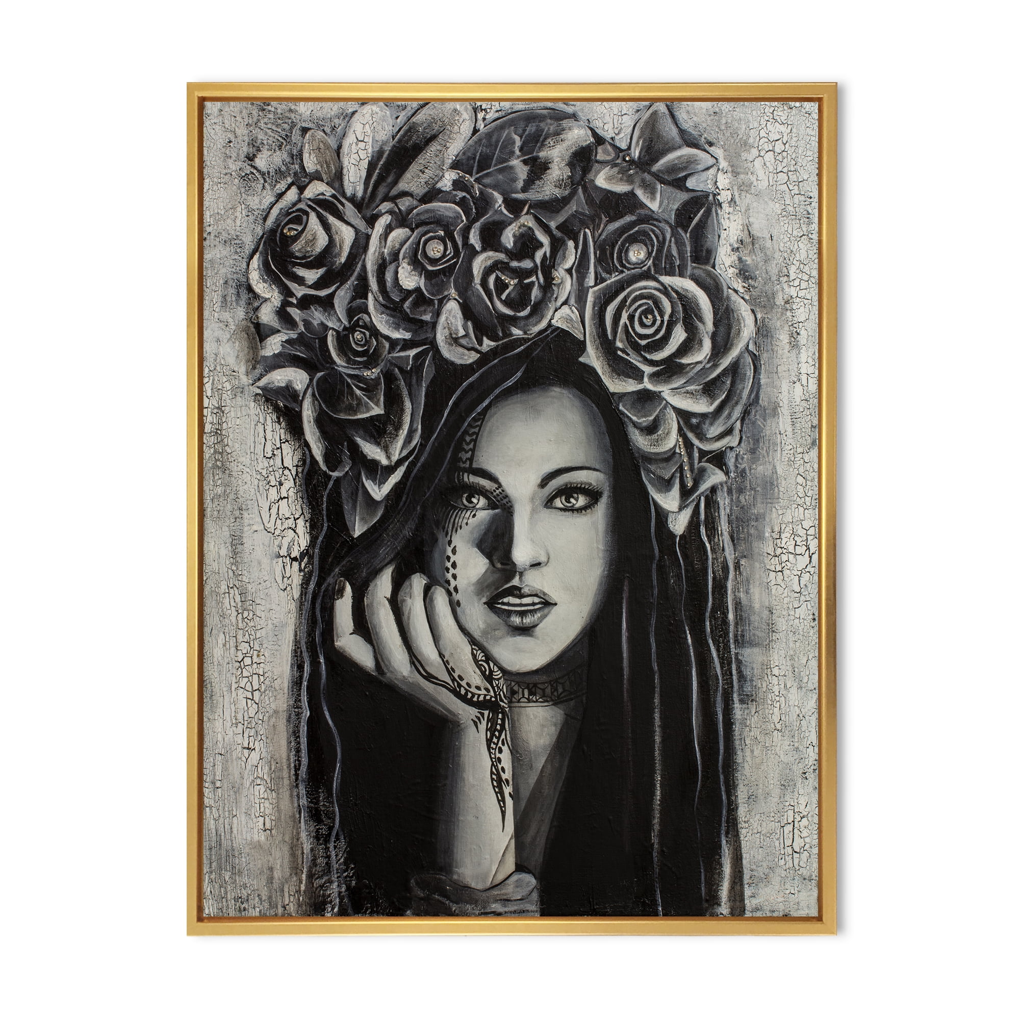 Portrait Of A Young Woman With Flowers III 24 in x 32 in Framed Painting Canvas Art Print, by Designart