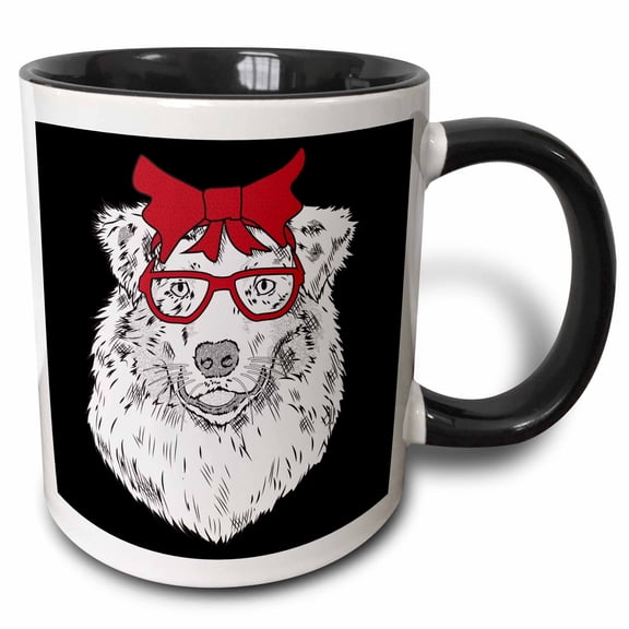 3drose, Portrait of Australian Shepherd Aussie with Glasses, 11oz Two-tone Black Mug