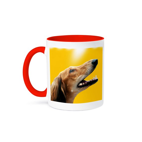 3drose, Portrait of Greyhound with Yellow Background, 11oz Two-tone Red Mug