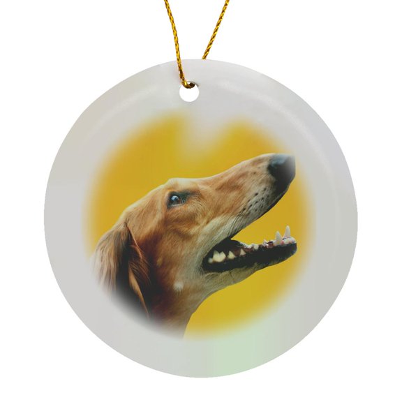 3drose, Portrait of Greyhound with Yellow Background, Circle Porcelain Ornament