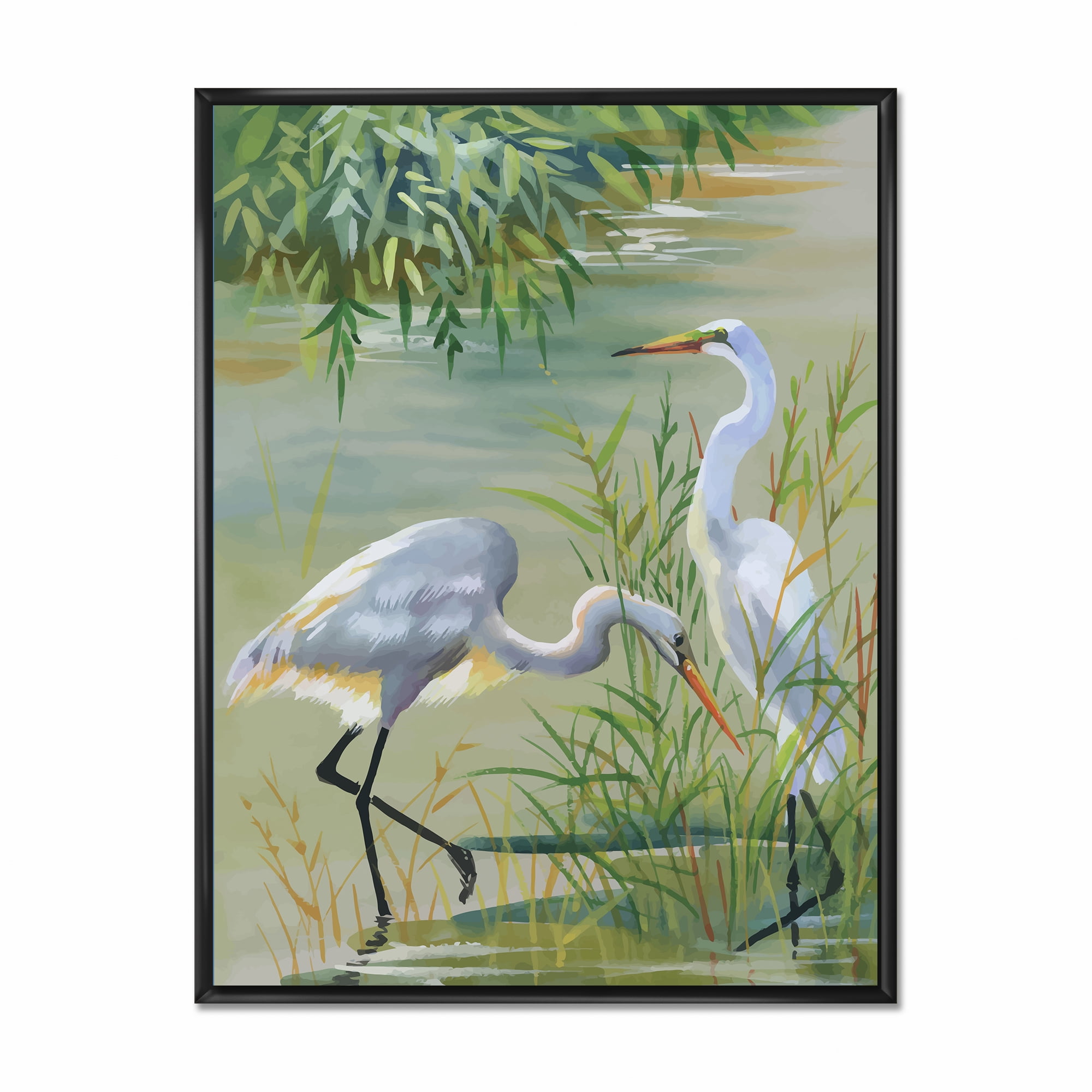 Portrait Of Heron Birds I 16 in x 32 in Framed Painting Canvas Art Print, by Designart