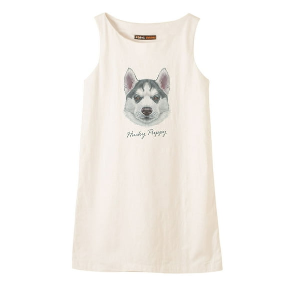 Portrait Of Husky Puppy Printed Vintage Cotton Linen Mini Shift Dress WDS_01 0