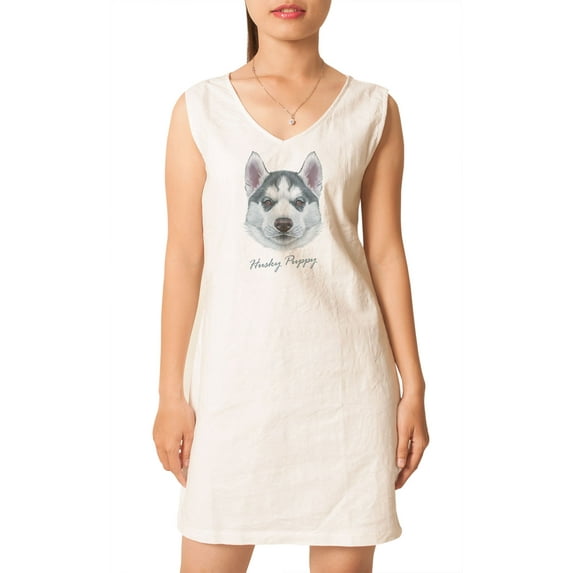 Portrait Of Husky Puppy Printed Vintage V-neck Linen Mini Shift Dress WDS_02 14