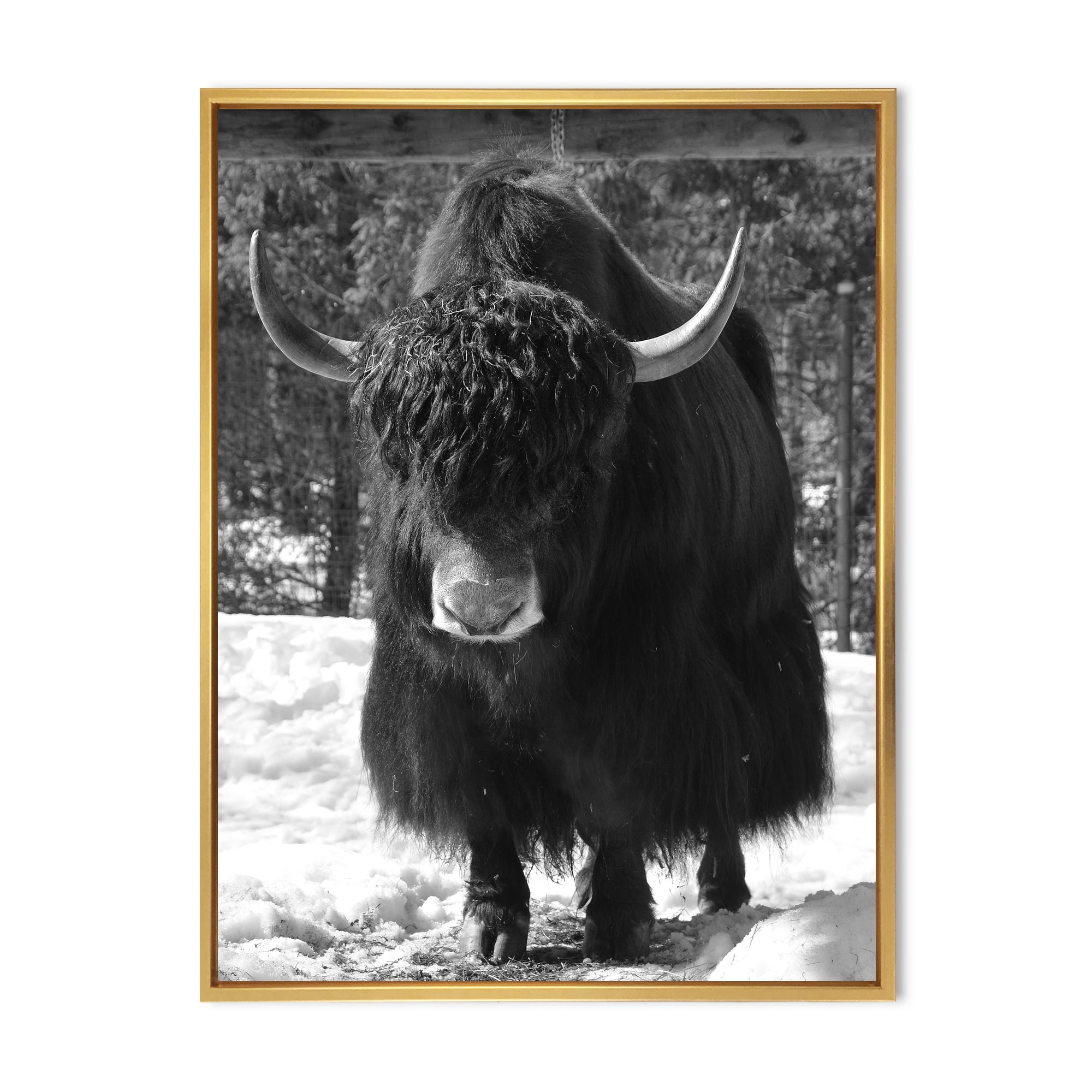Portrait Of Monochrome Wild Bull In Winter Forest I 24 in x 32 in Framed Painting Canvas Art Print, by Designart