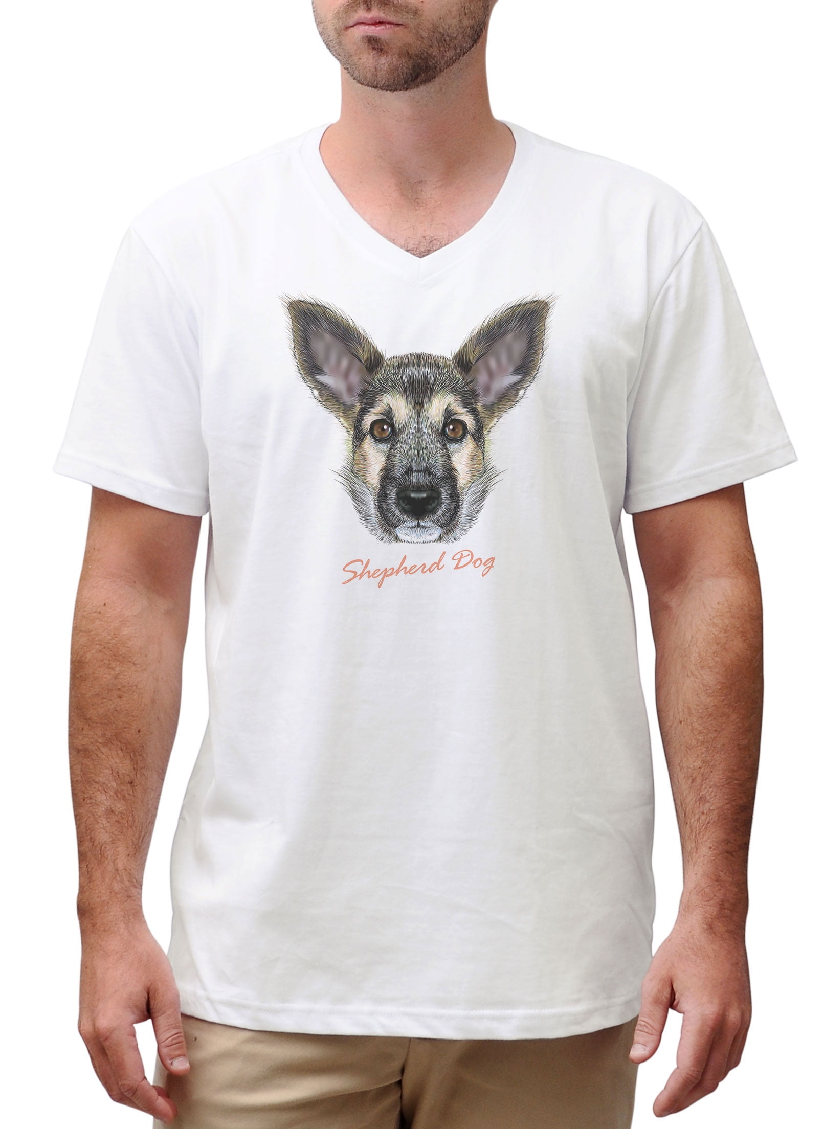Portrait Of Shepherd Dog Print Cotton Short Sleeves V-neck Men T
