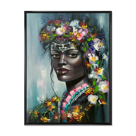 Portrait Of Traditional African American Woman 12 in x 20 in Framed Painting Canvas Art Print, by Designart