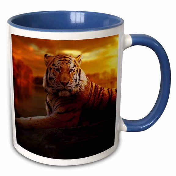 3drose, Portrait of Wildlife Tiger Animal with Sunset Background, 11oz Two-tone Blue Mug