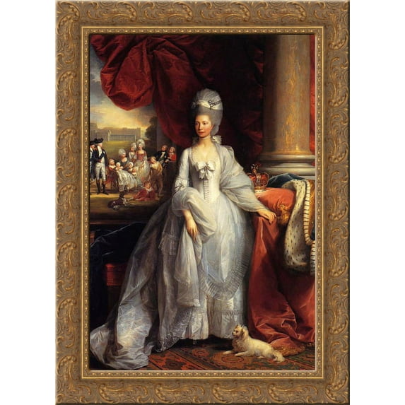 Portrait of Queen Charlotte of the United Kingdom, with Windsor and the royal family in the background 24x18 Gold Ornate Wood Framed Canvas Art by Benjamin West