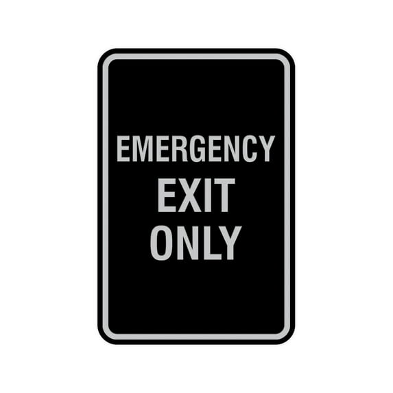 Portrait Round Emergency Exit Only Sign (Black / Silver) - Small 4" x 6"