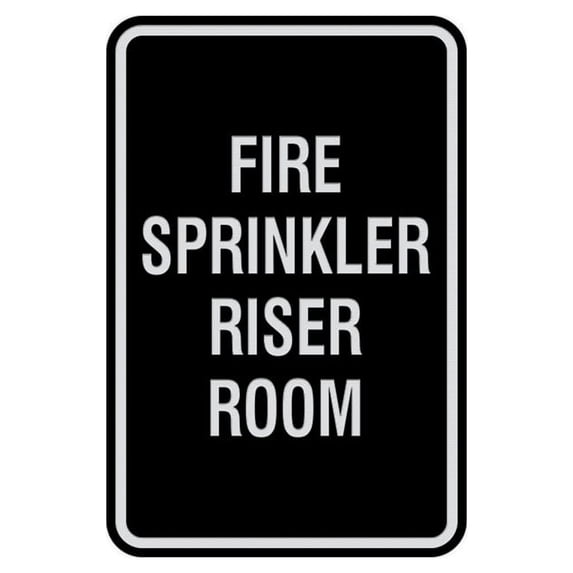 Portrait Round Fire Sprinkler Riser Room Sign (Black / Silver) - Large 6" x 8"