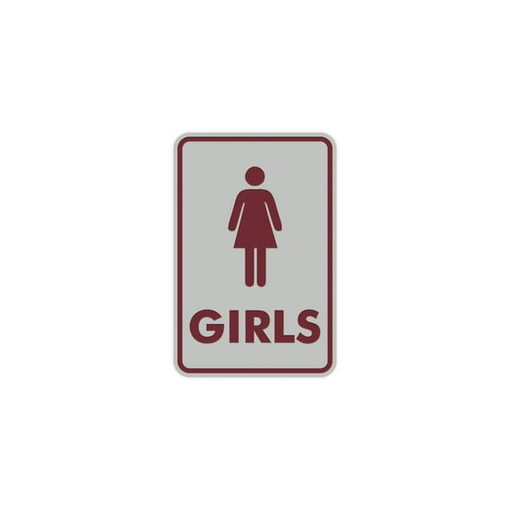 Portrait Round Girls Restroom Sign (Light Grey / Burgundy) - Small 4" x 6"